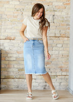 Drew Raw Hem Midi Denim Skirt