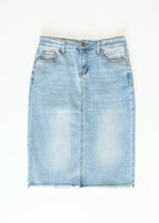 Drew Raw Hem Midi Denim Skirt