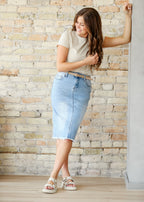 Drew Raw Hem Midi Denim Skirt