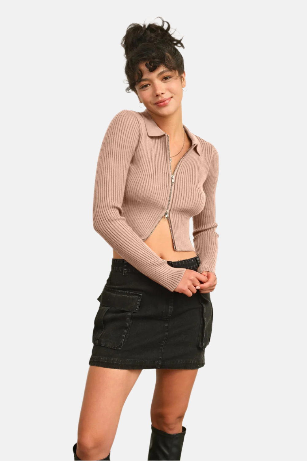 Ribbed Double Zip Cropped Cardigan Taupe