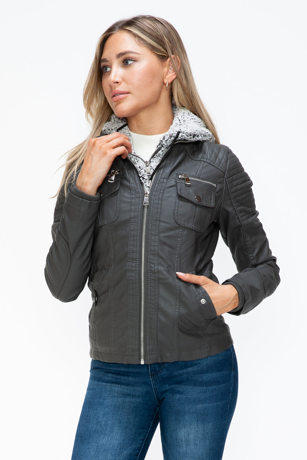 Removable Faux Layered Multi-Pocket Jacket with Fuzzy Hood Charcoal