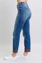 Straight Leg Jeans with Plaid Print Cuff