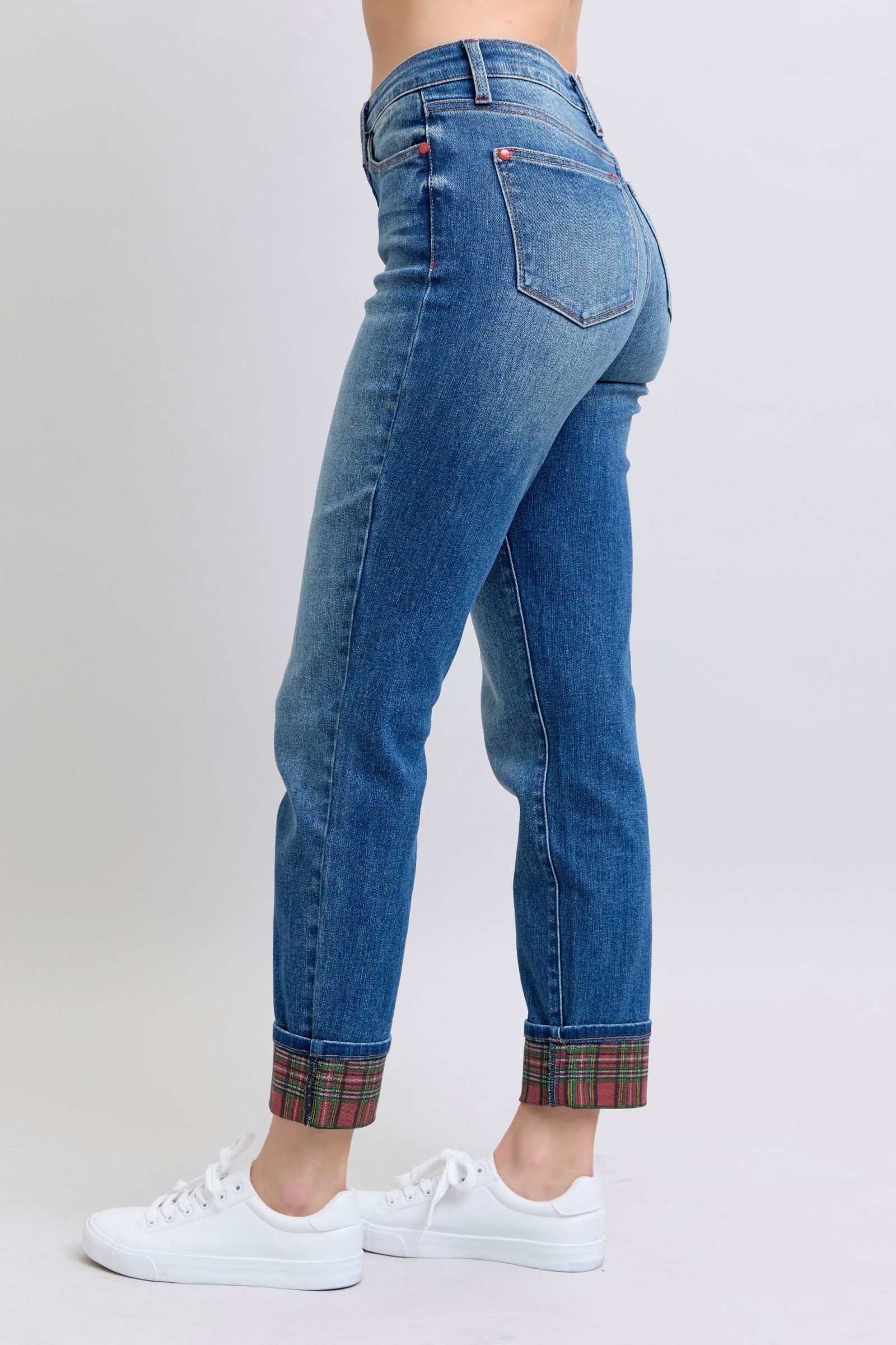 Straight Leg Jeans with Plaid Print Cuff