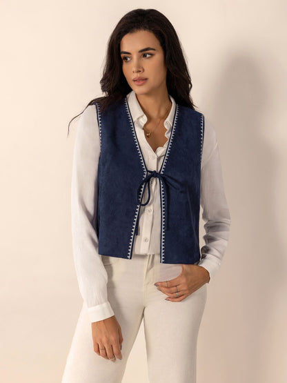 Navy Blue Tied Contrast Trim Vest