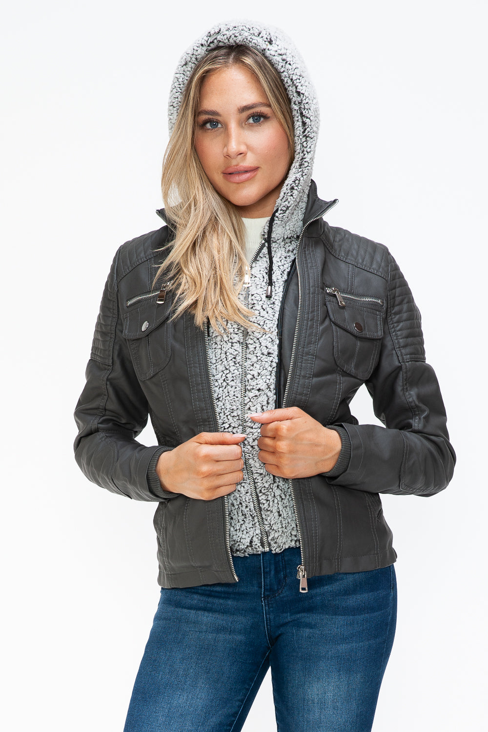 Removable Faux Layered Multi-Pocket Jacket with Fuzzy Hood Charcoal