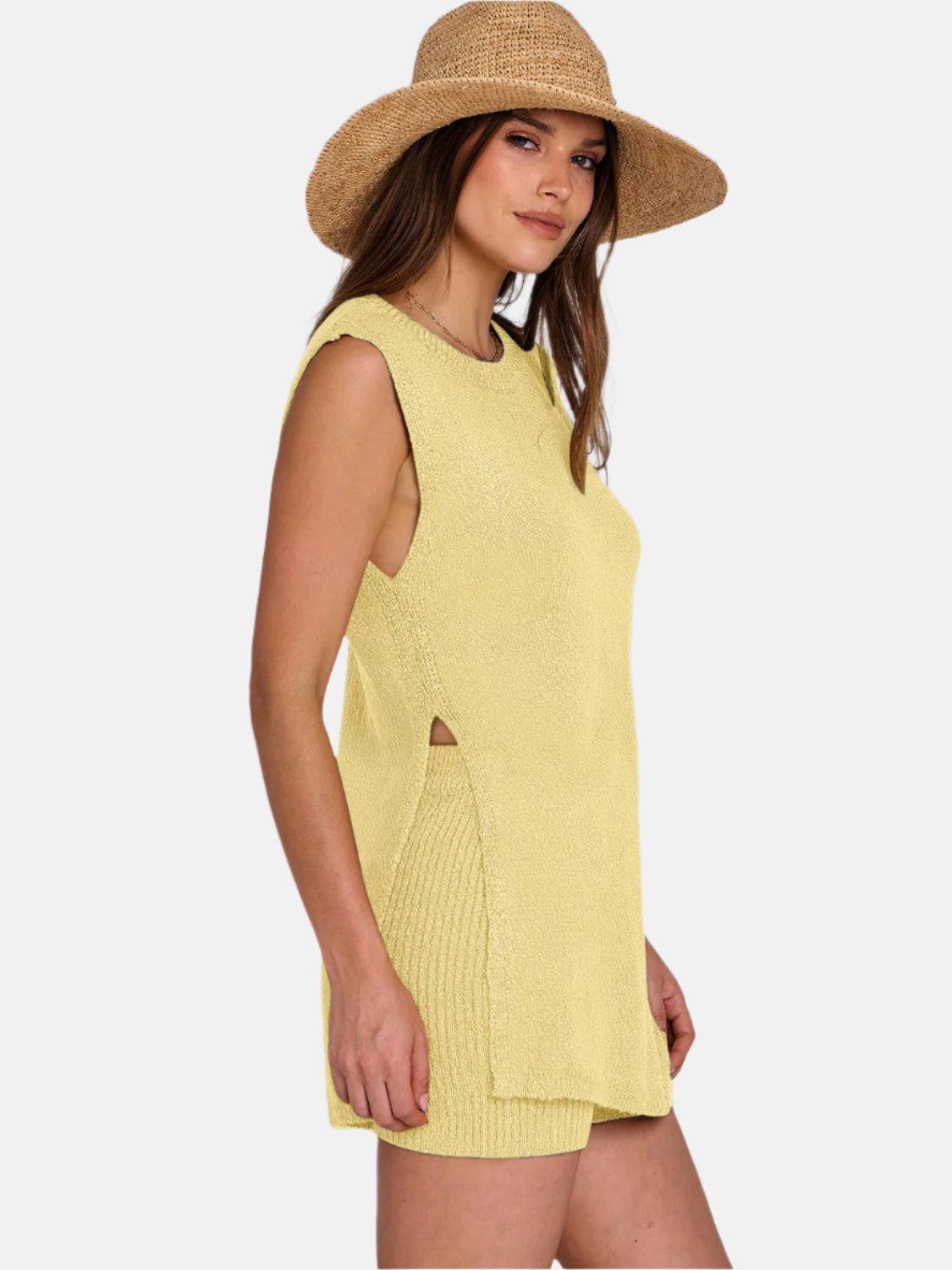 Knitted Side Slit Tank and Shorts Set