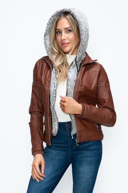 Faux Layered Double-Zipper Jacket with Fuzzy Hood Brown