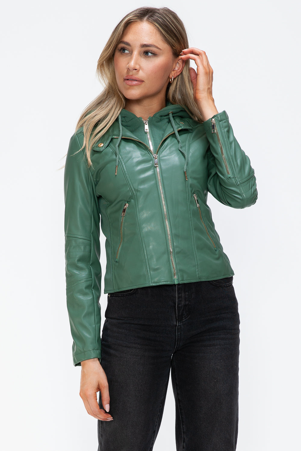 Sage Leather Zip-Up Drawstring Hooded Jacket