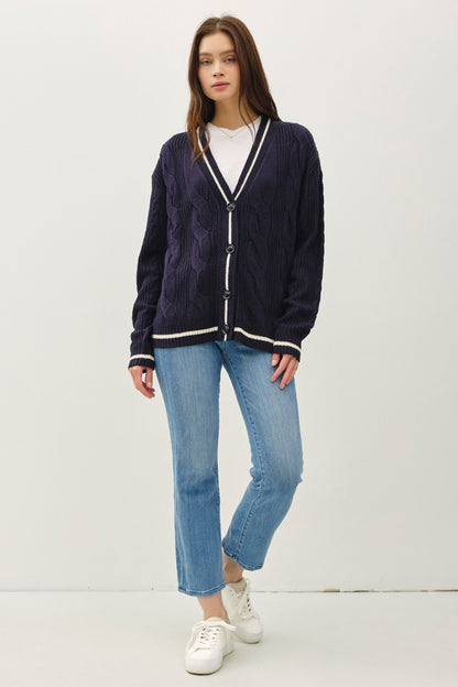 Contrast Trim Cable-Knit V-Neck Cardigan Navy