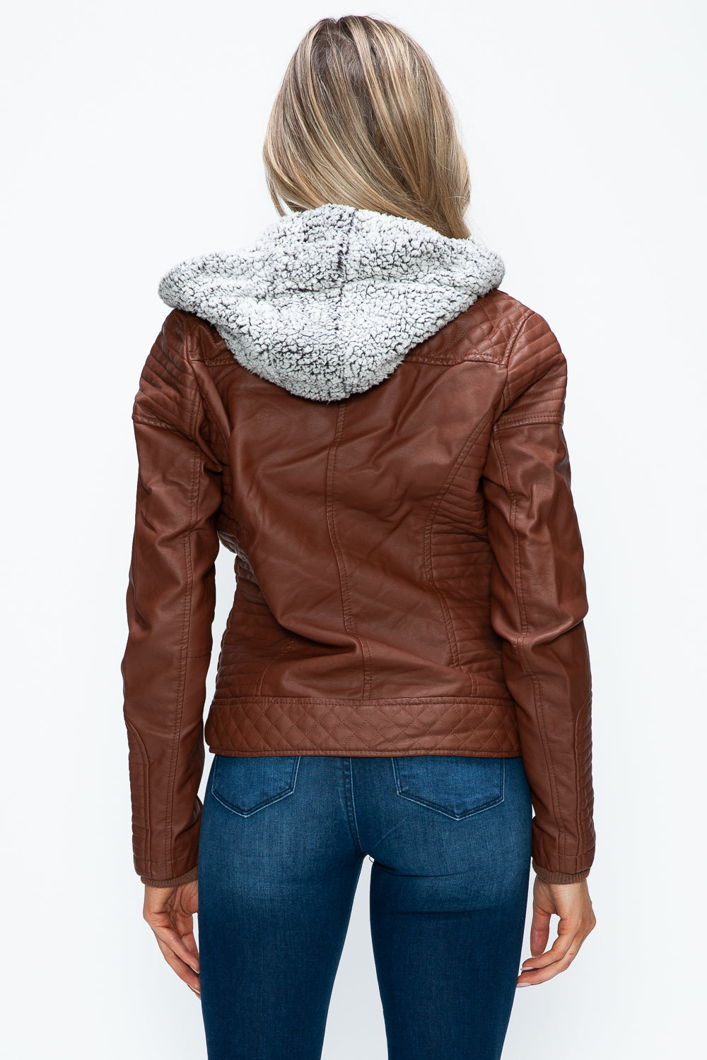 Faux Layered Double-Zipper Jacket with Fuzzy Hood Brown