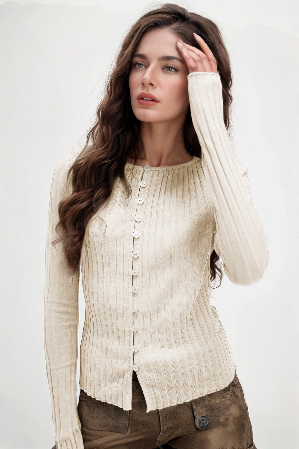 Basic Bae Texture Button-Up Round Neck Long Sleeve Top