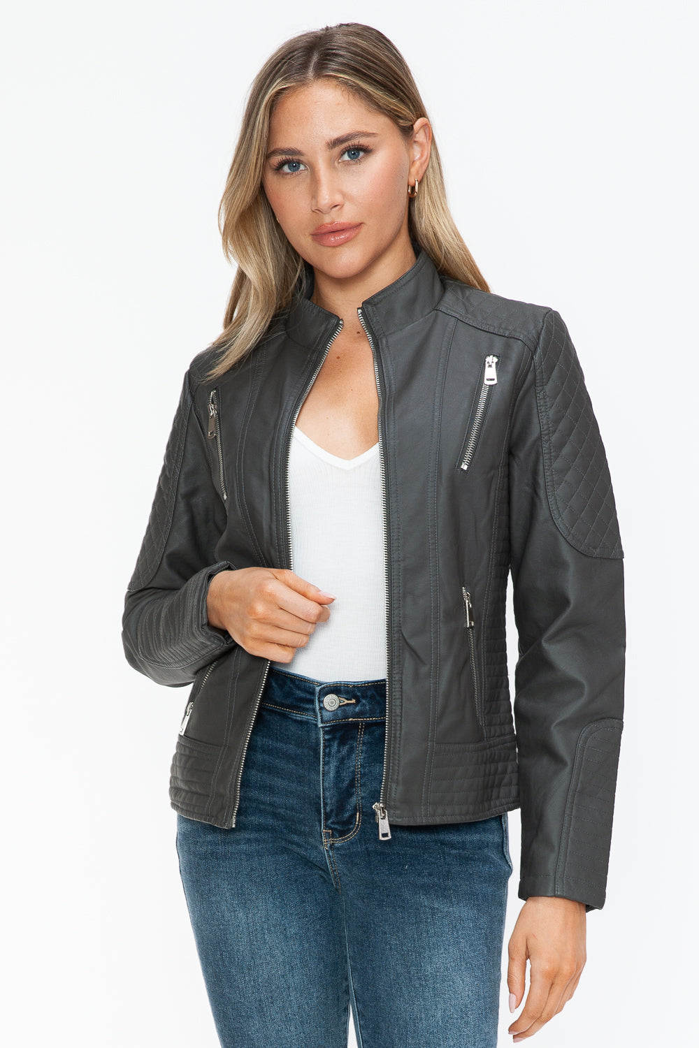 Charcoal Faux Leather Zip-Up Mock Neck Jacket