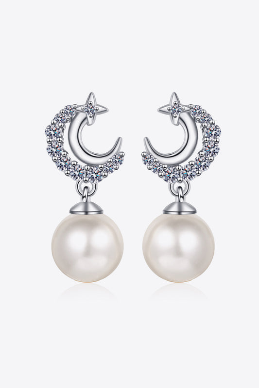 Pearl Drop Silver Moon Earrings