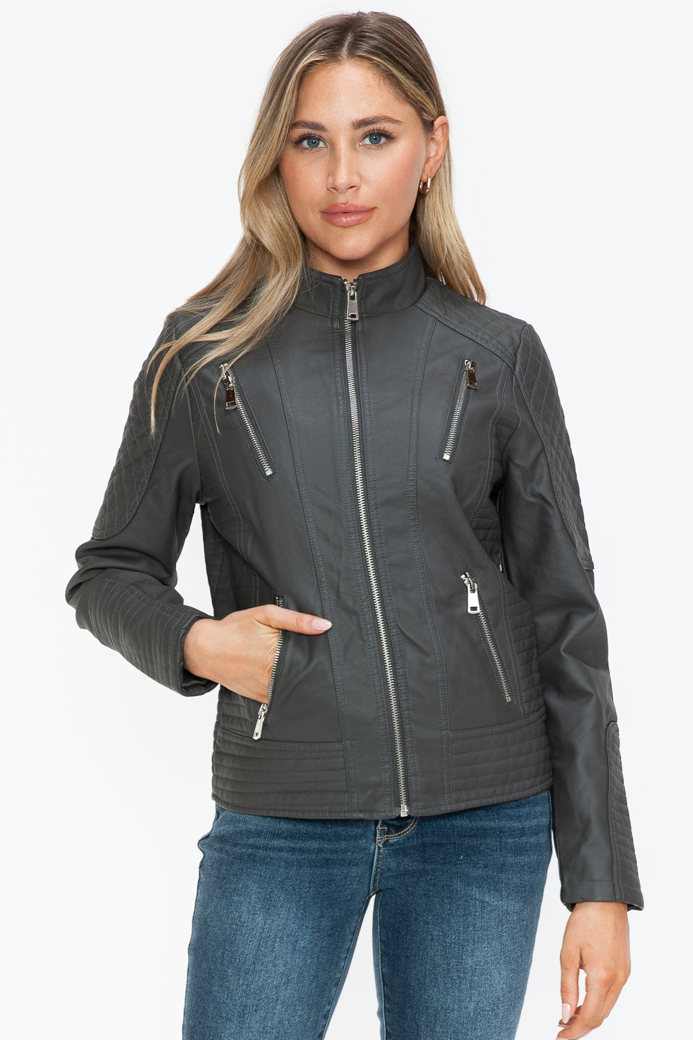 Charcoal Faux Leather Zip-Up Mock Neck Jacket