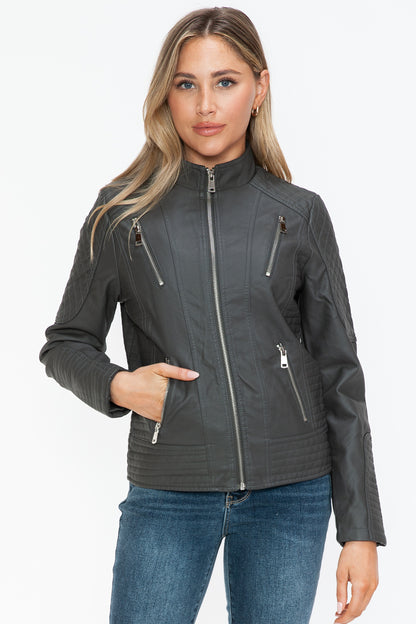 Charcoal Faux Leather Zip-Up Mock Neck Jacket