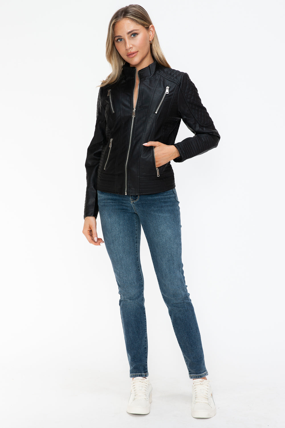 Black Faux Leather Zip-Up Mock Neck Jacket