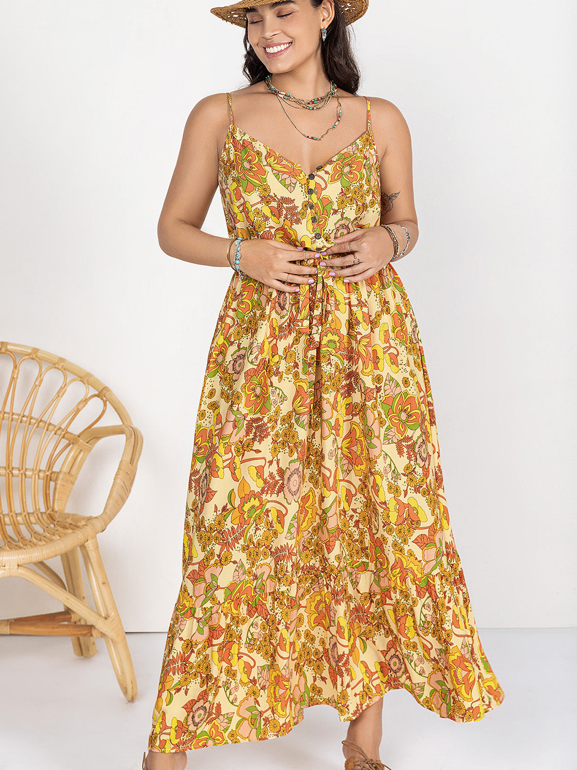 Gold Printed V-Neck Maxi Cami Dress