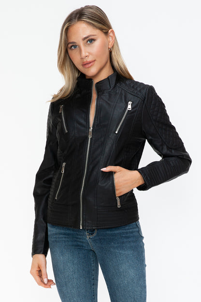 Black Faux Leather Zip-Up Mock Neck Jacket