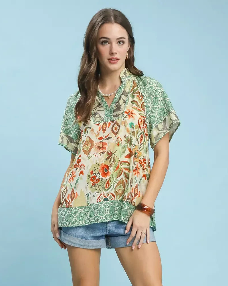 Mixed Print V-Neck Short Sleeve Top