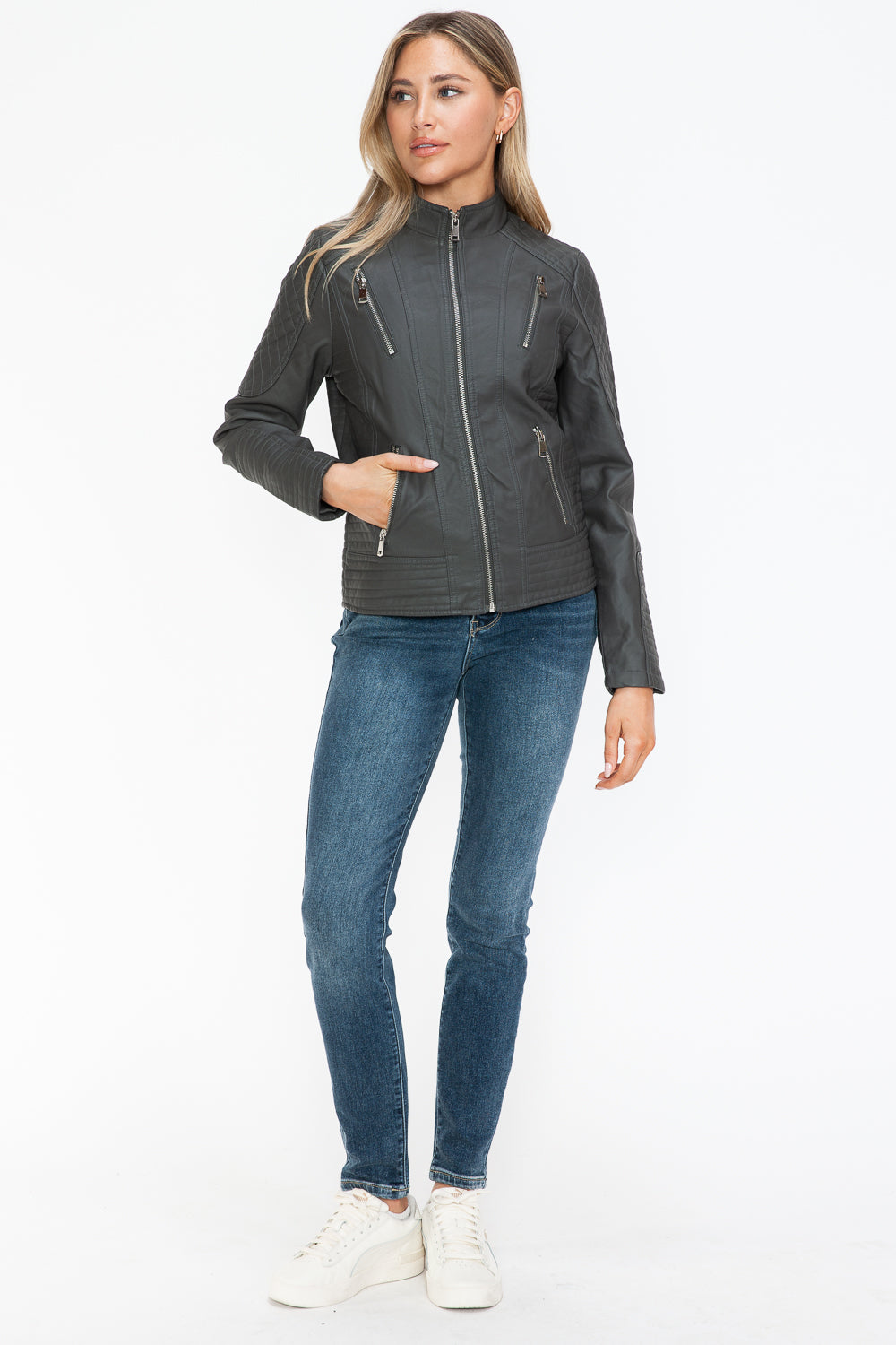 Charcoal Faux Leather Zip-Up Mock Neck Jacket