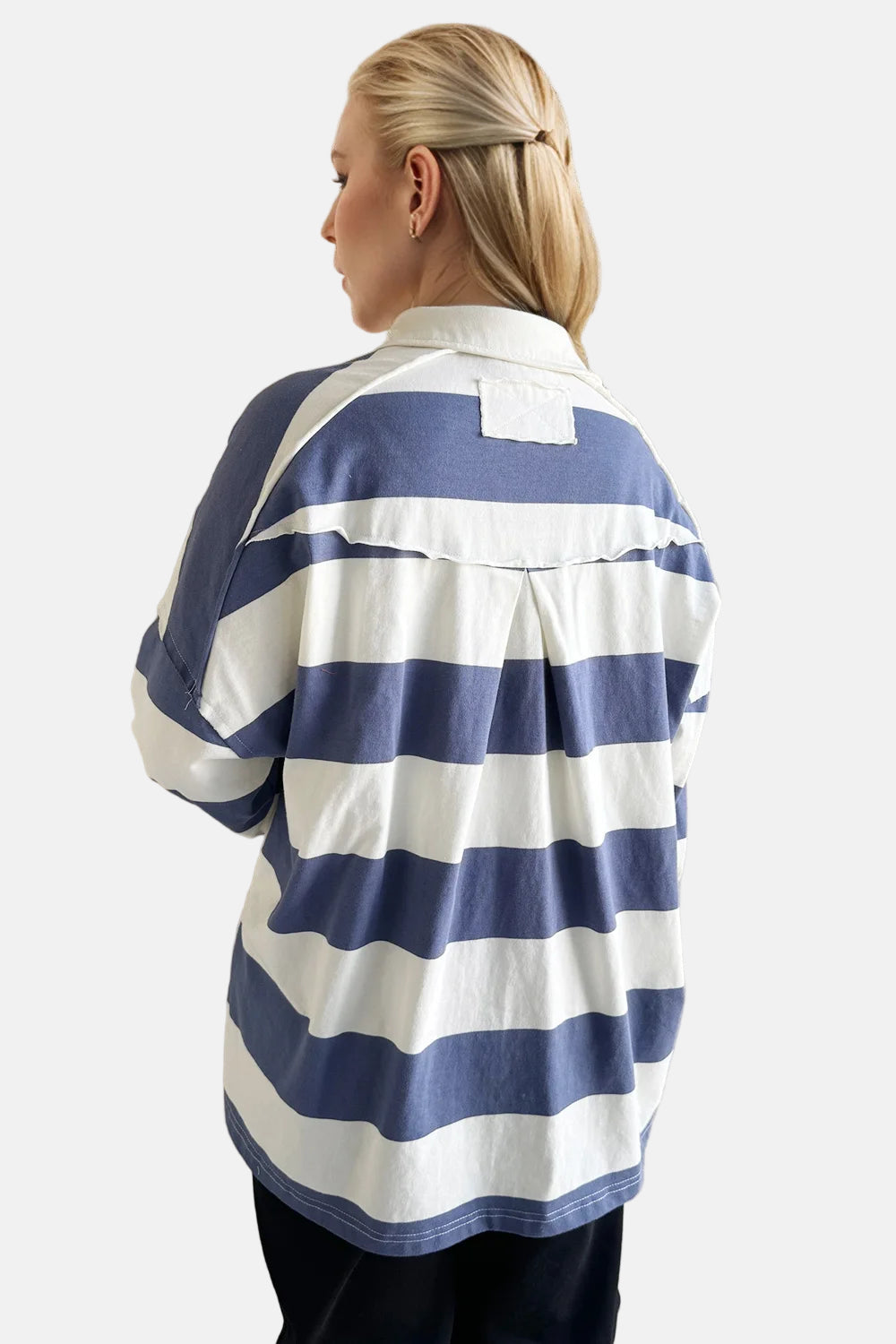Oh Pima Cotton Wash Wide Striped Collared Neck Long Sleeve Top