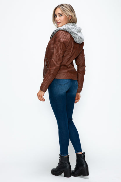 Faux Layered Double-Zipper Jacket with Fuzzy Hood Brown