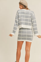 Plaid Button Down Sweater Cardigan and Mini Skirt Set Dusty Blue