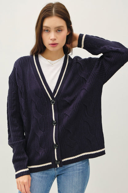 Contrast Trim Cable-Knit V-Neck Cardigan Navy