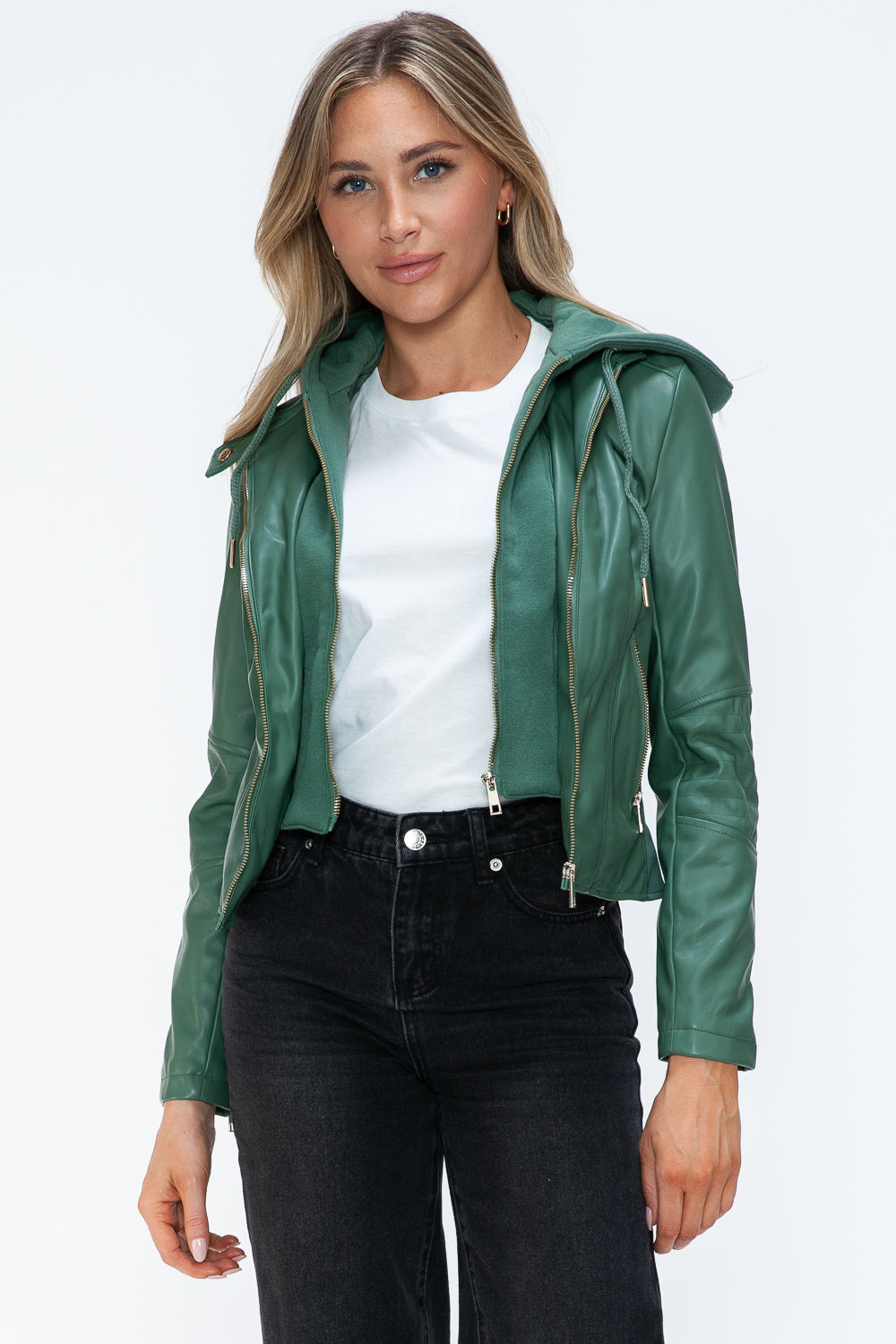 Sage Leather Zip-Up Drawstring Hooded Jacket