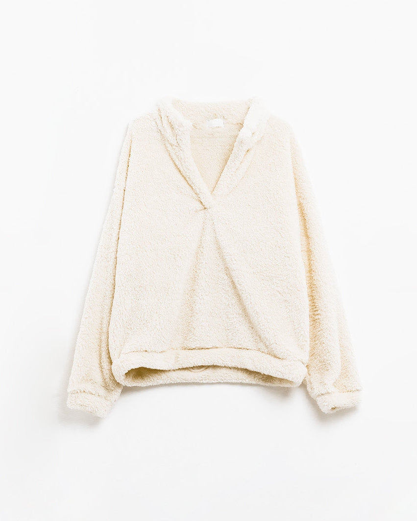 Ecru Fluffy V-Neck Sweater