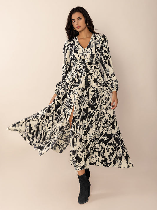 Floral Print Tied V-Neck Long Sleeve Midi Dress