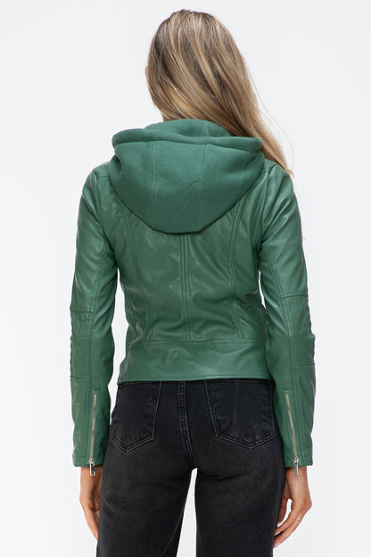 Sage Leather Zip-Up Drawstring Hooded Jacket