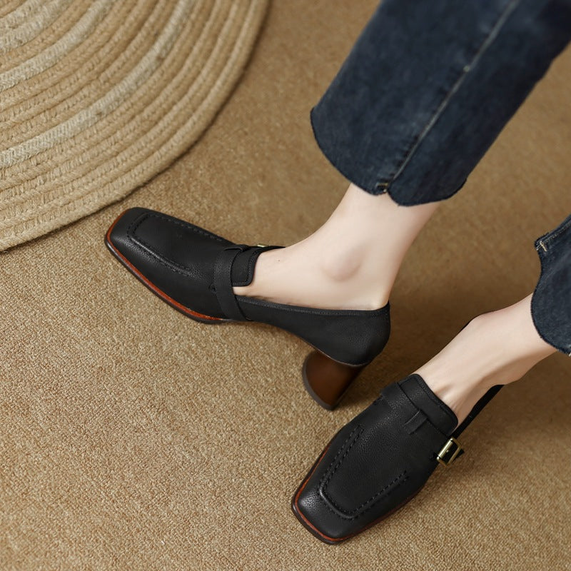 Women's Retro British Style Chunky Heel Leather Shoes | Round Toe Commuter