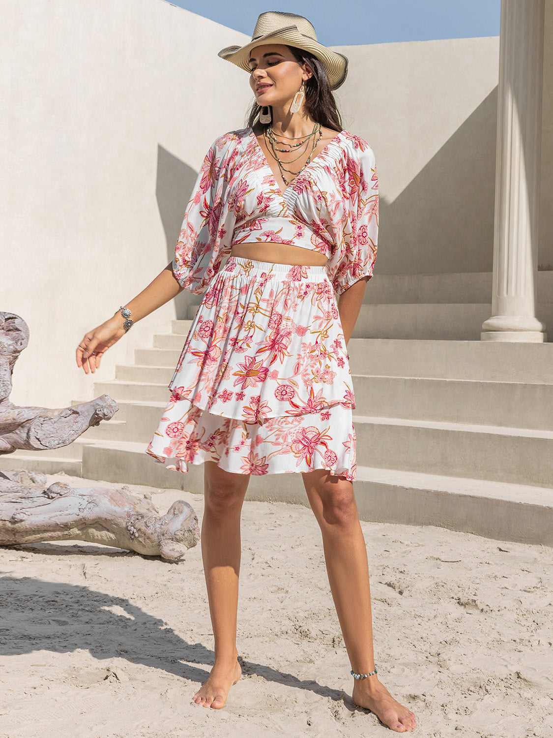 Half Sleeve Top and Layered Skirt Flower Print Set