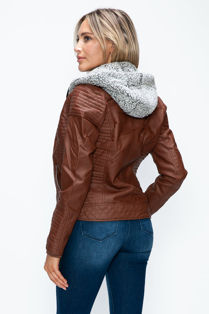 Faux Layered Double-Zipper Jacket with Fuzzy Hood Brown