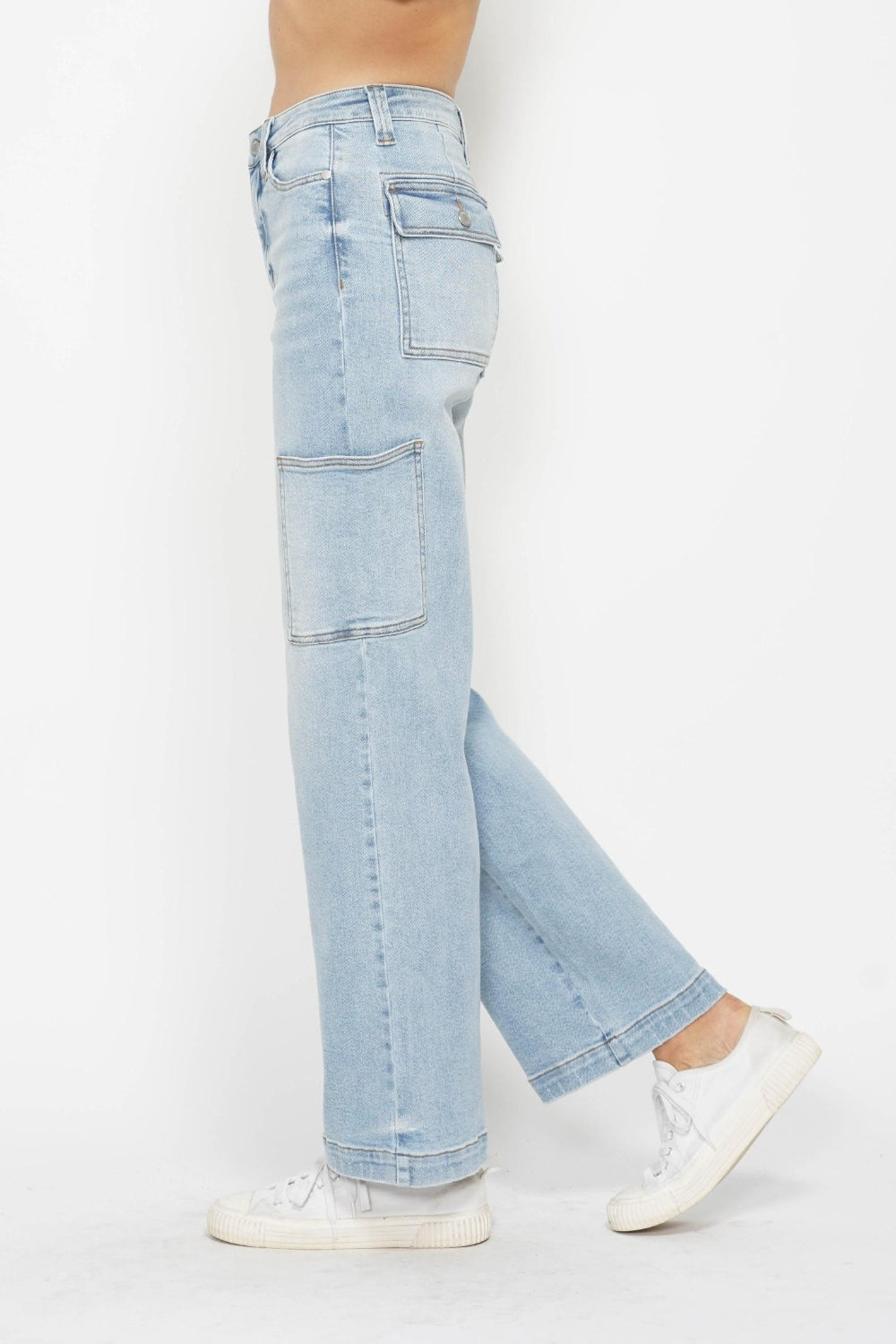 Light Denim High Waist Straight Cargo Jeans