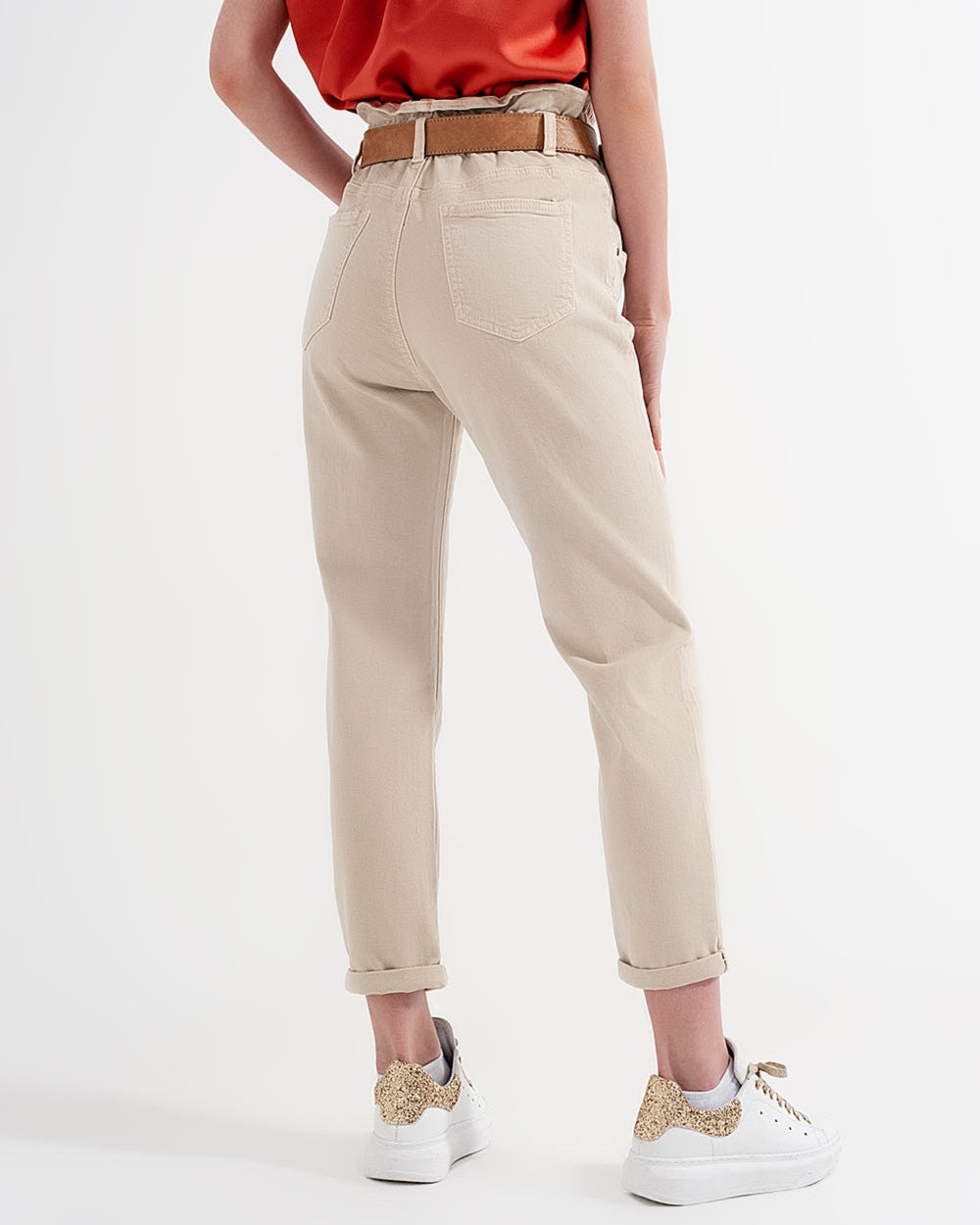 Elasticated Paper Bag Waist Mom Jean in Beige