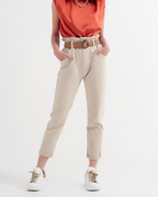Elasticated Paper Bag Waist Mom Jean in Beige