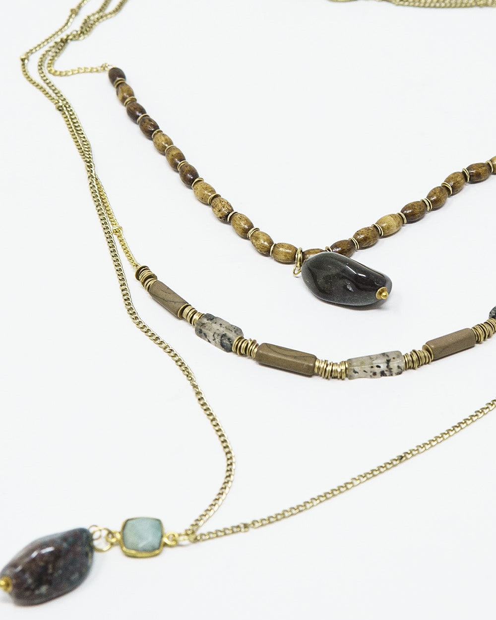 Ethnic 3 in 1 Necklace with Large Stones and Natural Beads