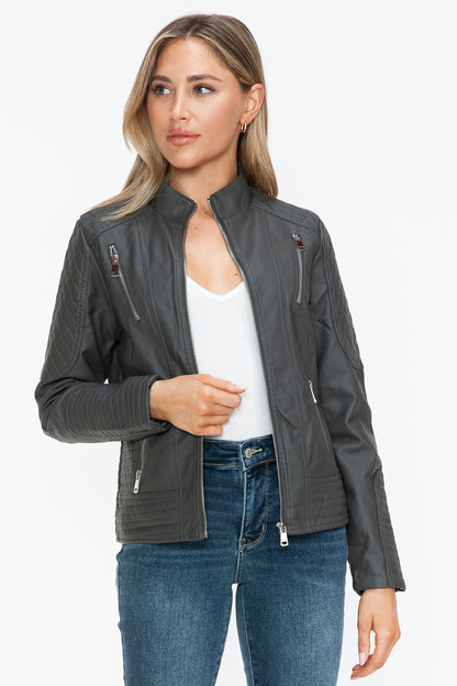 Charcoal Faux Leather Zip-Up Mock Neck Jacket