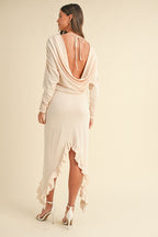 Backless Asymmetric Ruffle Hem Dress Cream
