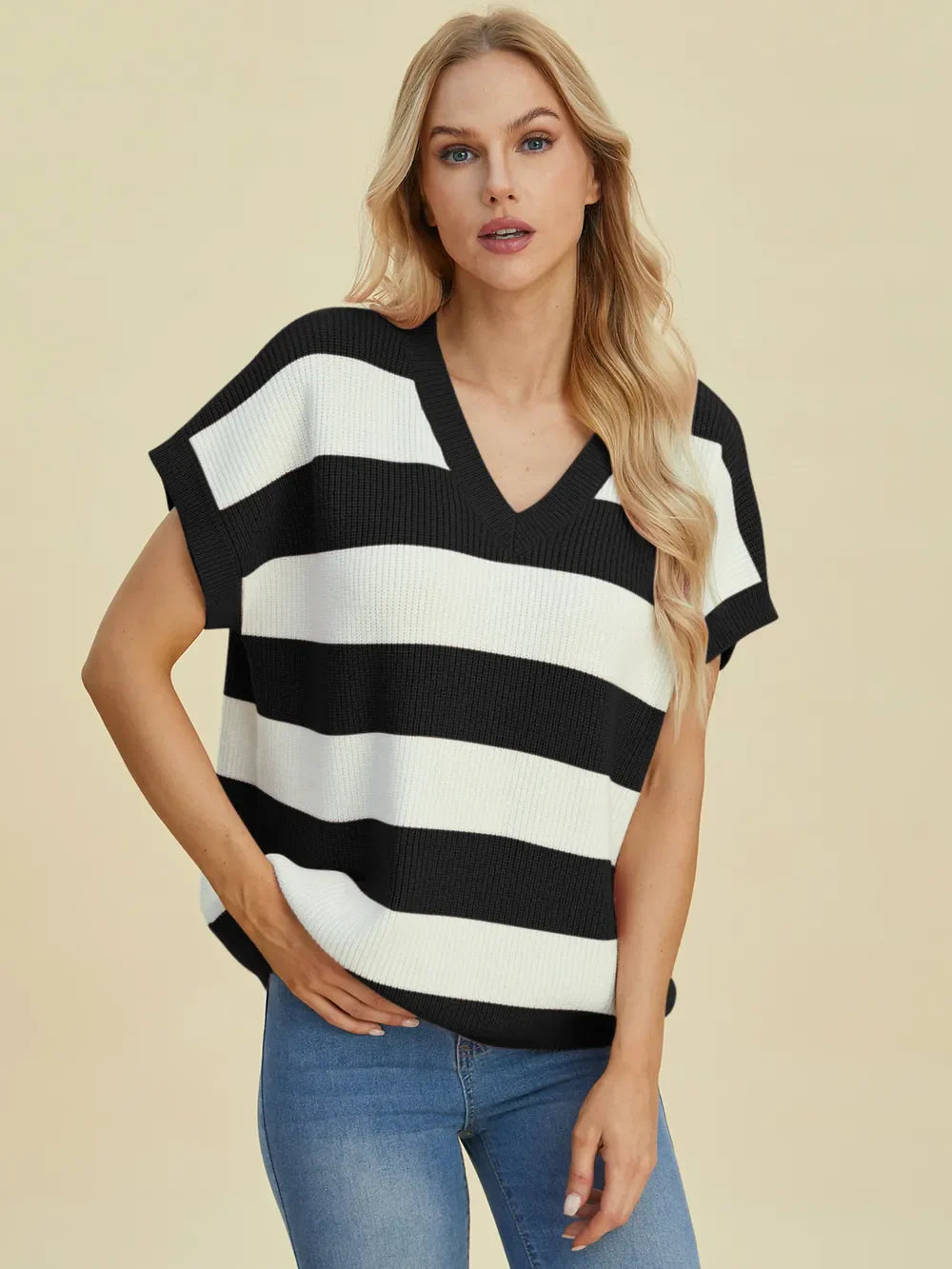 Double Take Striped V-Neck Short Sleeve Sweater