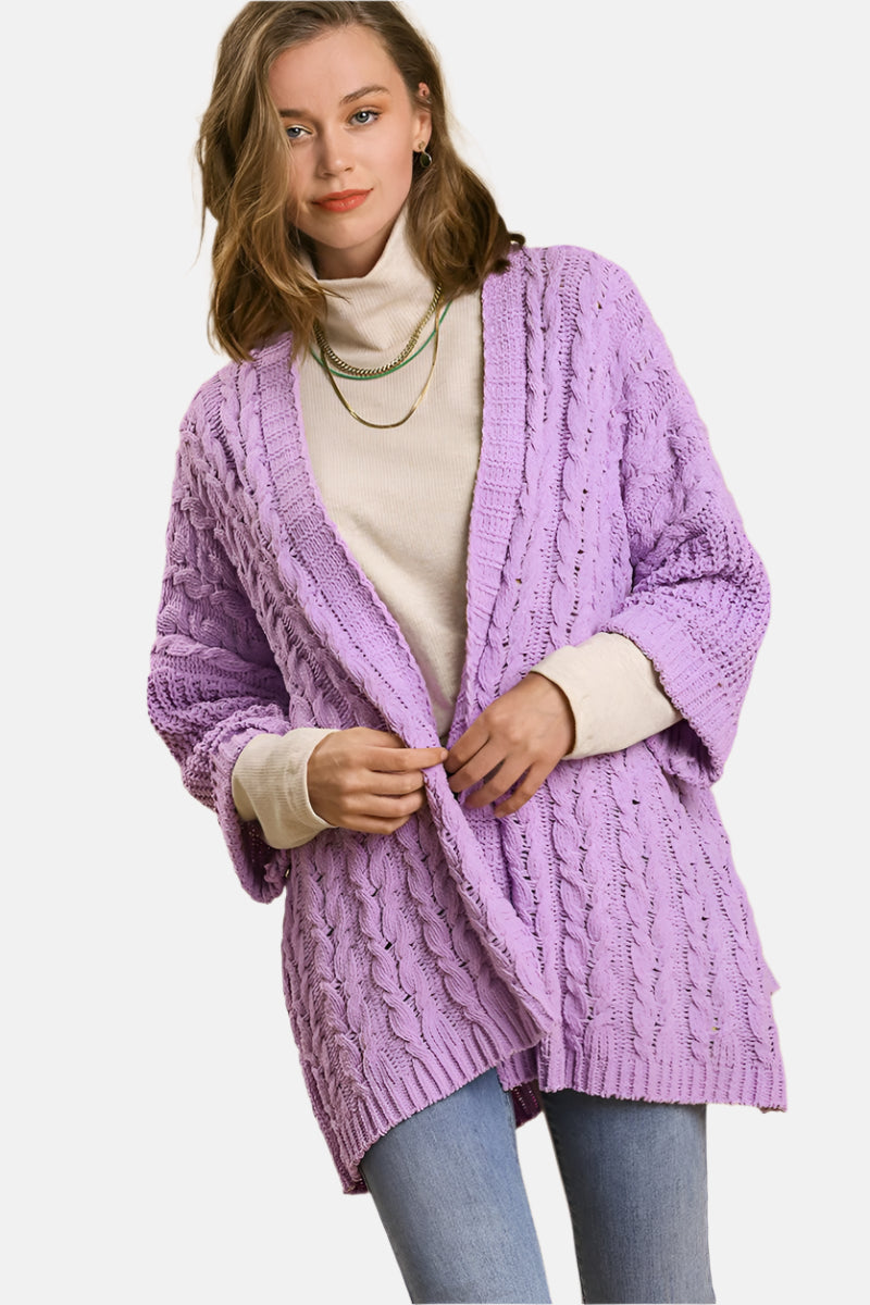 Cable Knit Open Front Long Sleeve Cardigan Lilac