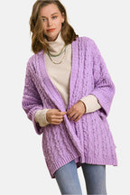 Cable Knit Open Front Long Sleeve Cardigan Lilac