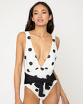 Tie Decor One-Piece Swimsuit F1811 Cream with Black Dot