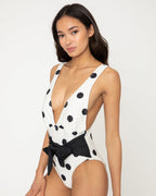 Tie Decor One-Piece Swimsuit F1811 Cream with Black Dot