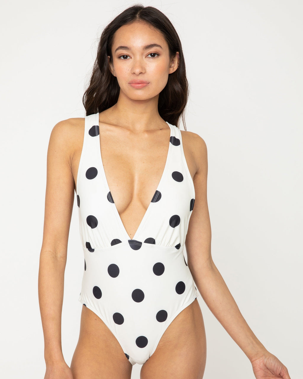 Tie Decor One-Piece Swimsuit F1811 Cream with Black Dot