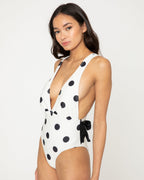 Tie Decor One-Piece Swimsuit F1811 Cream with Black Dot