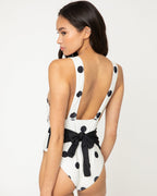Tie Decor One-Piece Swimsuit F1811 Cream with Black Dot