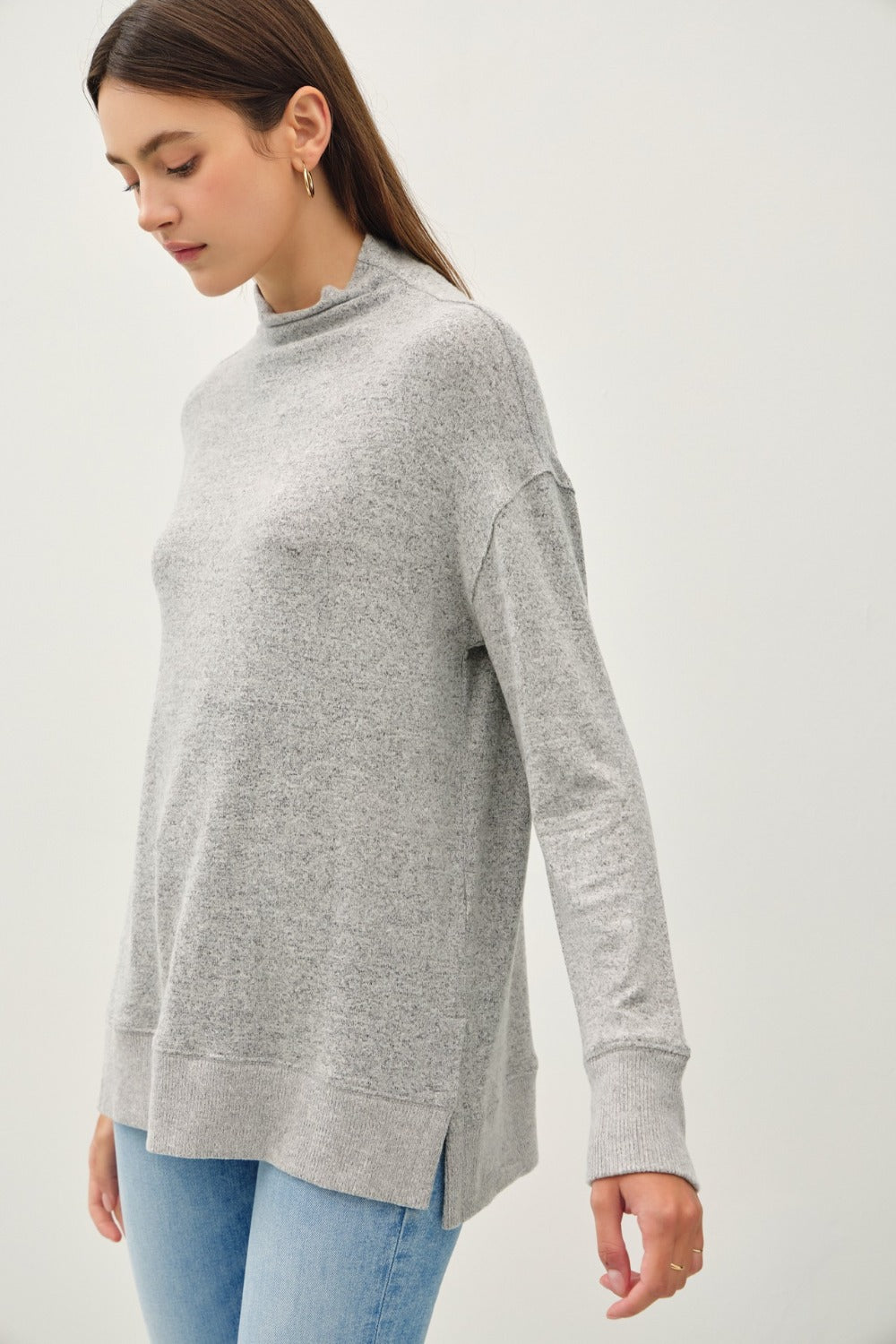 Gray Side Slit Mock Neck Long Sleeve Tunic Top